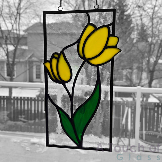 A Vibrant Daffodil Stained Glass Panel. 10cm x 20cm (4" x 8")