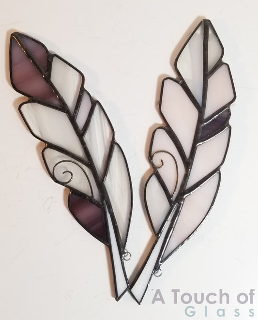 Grey Handmade stained glass feather suncatcher. 18.5cm/(7.25") 